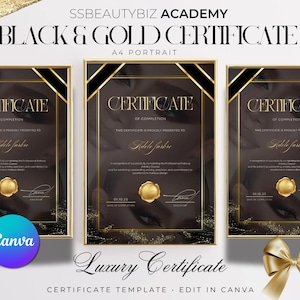 Könnte beinhalten: Drei schwarz-gold gerahmte Zertifikate mit dem Text "BLACK & GOLD CERTIFICATE" und "Luxury Certificate". Jedes Zertifikat hat ein goldenes Siegel und schwarze Bandakzente. Das Canva-Logo ist sichtbar.