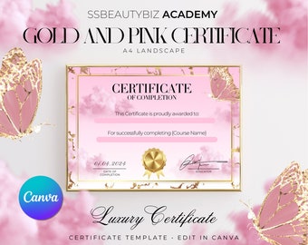 Pink & Gold MUA Certificate Template: Editable Canva Design (A4 Digital Download)