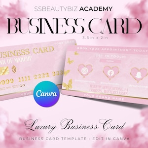 Biglietto da visita di lusso rosa e oro, ispirato alla carta di credito, modello Canva, tecnologia ciglia fai da te, MUA, tecnologia delle unghie, modello Canva modificabile, lusso