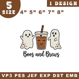 Wzór haftu „Boos and Brews Ghost Coffee”, plik maszynowy na Halloween (pobranie cyfrowe)