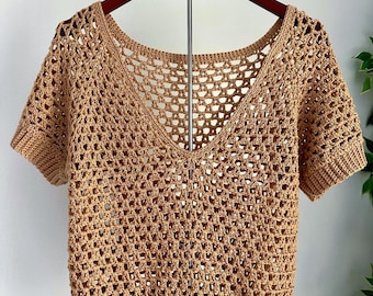 Handmade Beige Crochet V-Neck Summer Pullover Top | Lightweight Beach Cover Up