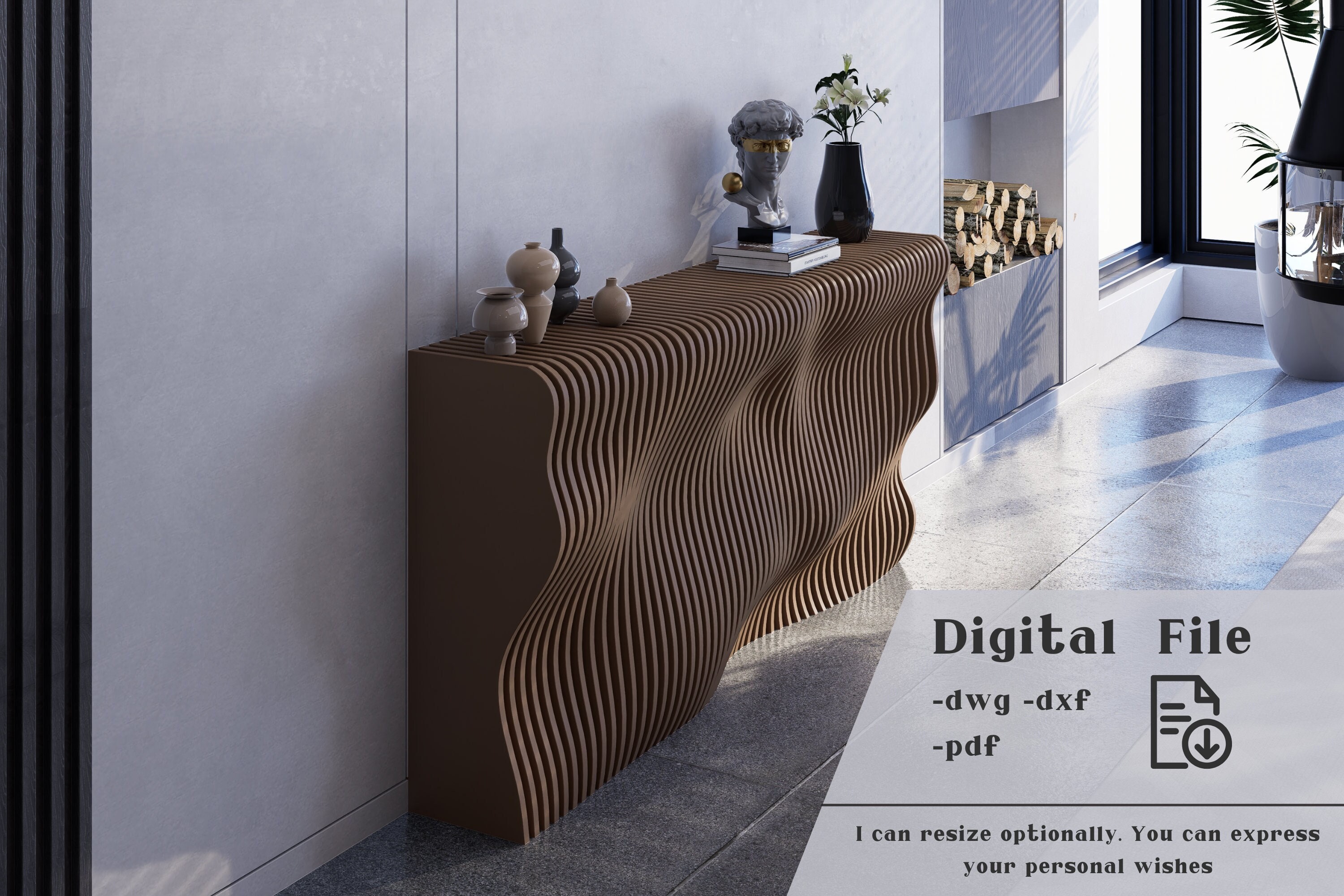 Parametric Console Table, Wavy Wooden Entryway Console, Modern Furniture Wooden Sofa Table, CNC Cut Digital Files for Cutting Machines