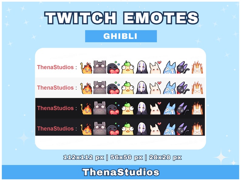 Puede incluir: Un gr&aacute;fico digital que presenta emotes de Twitch con tem&aacute;tica Ghibli. La imagen muestra varios emotes de personajes en filas, con el texto "TWITCH EMOTES" y "GHIBLI" en la parte superior. Tambi&eacute;n incluye el texto "ThenaStudios".