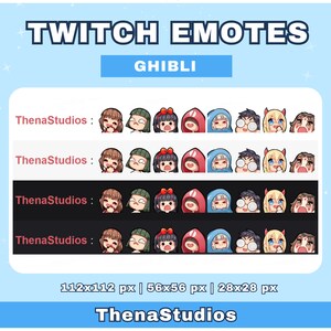 Puede incluir: Un gr&aacute;fico digital que muestra emotes de Twitch con un tema de Ghibli. Los emotes representan personajes de estilo anime con diversas expresiones. La imagen incluye el texto "TWITCH EMOTES" y "GHIBLI". La imagen tambi&eacute;n incluye el texto "ThenaStudios".