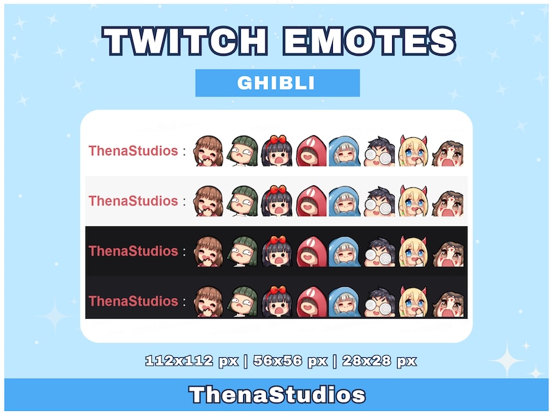 Puede incluir: Un gr&aacute;fico digital que muestra emotes de Twitch con un tema de Ghibli. Los emotes representan personajes de estilo anime con diversas expresiones. La imagen incluye el texto "TWITCH EMOTES" y "GHIBLI". La imagen tambi&eacute;n incluye el texto "ThenaStudios".