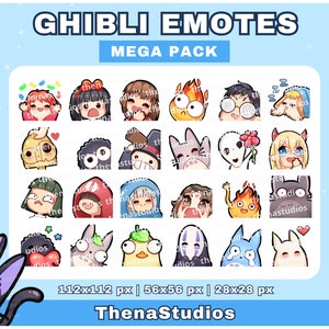 Puede incluir: Un conjunto de emotes con tem&aacute;tica Ghibli, que presenta varios personajes en un mega pack. Los emotes muestran diversas expresiones y poses, con el texto "GHIBLI EMOTES MEGA PACK" en la parte superior. La imagen tambi&eacute;n incluye el texto "ThenaStudios".