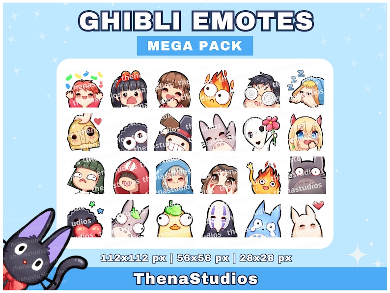 Puede incluir: Un conjunto de emotes con tem&aacute;tica Ghibli, que presenta varios personajes en un mega pack. Los emotes muestran diversas expresiones y poses, con el texto "GHIBLI EMOTES MEGA PACK" en la parte superior. La imagen tambi&eacute;n incluye el texto "ThenaStudios".