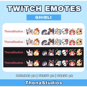 Puede incluir: Gr&aacute;fico de arte digital con emotes de Twitch con tem&aacute;tica Ghibli. Los emotes presentan personajes de dibujos animados en diferentes tama&ntilde;os: 112x112 px, 56x56 px y 28x28 px. Se muestra el texto "TWITCH EMOTES" y "GHIBLI".
