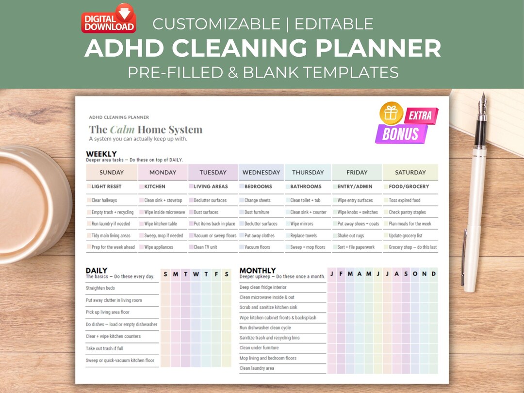 ADHD Cleaning Planner — Printable Chore Chart for Adults | Customizable ...