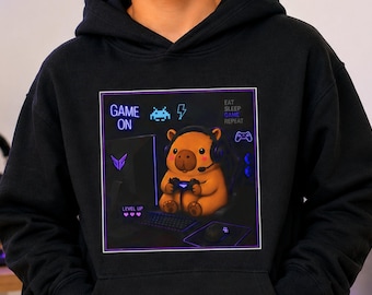 Kids Capybara Gamer Hoodie | Kids Gaming Sweatshirt | Boys & Girls Gamer Gift | Video Game Apparel