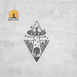 May include: Black and white graphic featuring a UFO with an alien, cannabis plants, and a Bigfoot silhouette within a diamond shape. The design includes stars and the text "Gothic Lounge" with a moon and zombie hand.