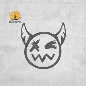 May include: A dark gray devil face graphic with horns, a winking eye, and a stitched-up eye. The image includes the text "Gothic Lounge" with a moon and hand graphic in the upper left corner.