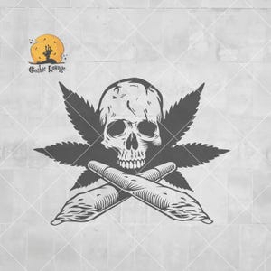 Könnte beinhalten: Schwarz-weiße Grafik mit einem Totenkopf, gekreuzten Joints und Cannabisblättern. Das Design beinhaltet einen Vollmond und eine Silhouette einer Zombiehand. Der Text "Gothic Lounge" ist ebenfalls vorhanden.