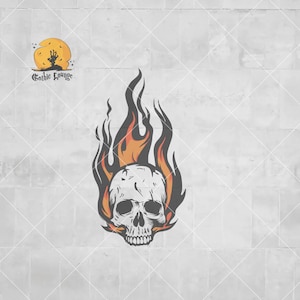 May include: A black and white illustration of a skull engulfed in flames, with orange and yellow hues. The skull has detailed features and is set against a light gray background. The text "Gothic Lounge" is in the upper left corner.