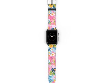 Pink Floral Apple Watch Band, Pink Flower Apple Watch Band,Faux Leather Apple Watch Band, Woman's Watch Strap,Designer Look Apple Watch Band