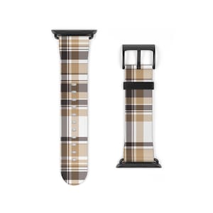 Plaid Apple Watch Band, Apple watch band women designer, designer faux leather strap, iWatch Luxury mocha brown Plaid Check Smart Watch Band