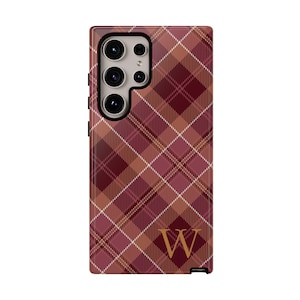 Phone Case, Personalized Burgundy Plaid iPhone Case with Monogram Initial, Designer Plaid Custom iPhone Accessories, Unique Gift for Her,