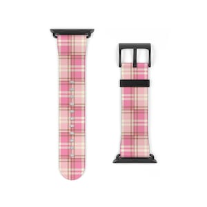 Tartan Plaid Apple Watch Band, Pink and Tan Faux Leather Strap, iWatch Luxury Designer Classic Plaid, Cream, Tan, Stylish Smart Watch Band
