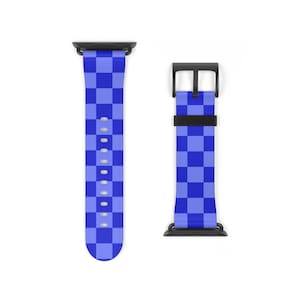 Apple Watch Band Women Checkered Blue, Women&#39;s Apple watch band plaid, Faux Leather Apple Watch Band 38 44mm Women designer watch band