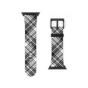 Plaid Apple Watch Band, Apple watch band women designer, designer faux leather strap, iWatch Luxury Black White Plaid Check Smart Watch Band
