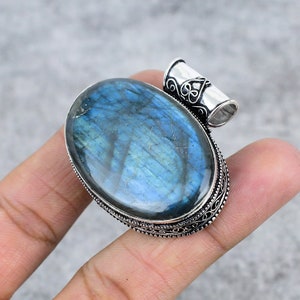Blue Labradorite Oval Pendant, Handmade Sterling Silver Pendant For Gift, Pendant Necklace For Gift, Memorial Gifts