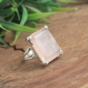 Rose Quartz Ring, Square Cut Gemstone, Sterling Silver Statement Ring, Minimalist Jewelry for Women, Handmade Gift for Her