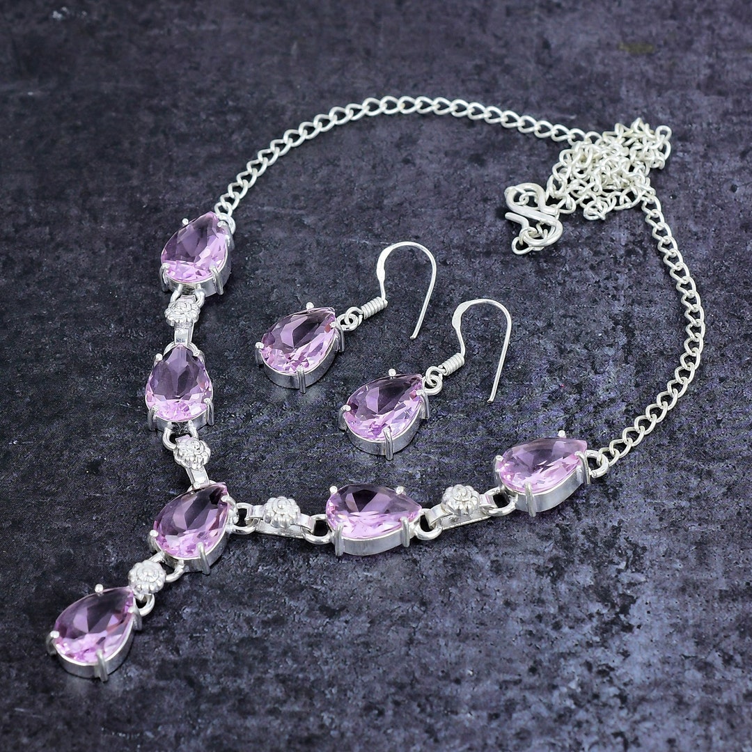 Parure De Bijoux Topaze Rose Argentée - Collier Avec Chaîne + Boucles D'oreilles, Neuf Sans Boîte