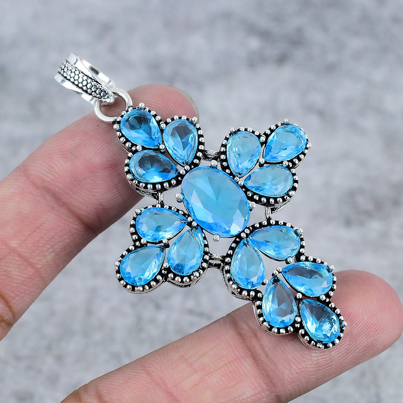 Sky Blue Topaz Princess Cross Pendant, Religious Pendant Gift