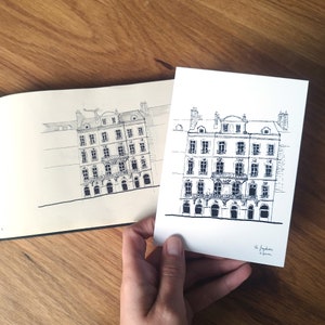 Carte postale Nantes, île feydeau, illustration noir et blanc, croquis de ville, dessin d'architecture, quartier historique