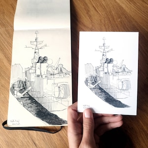 Postal de Nantes, Maillé Brézé, ilustración en blanco y negro, boceto, barco militar