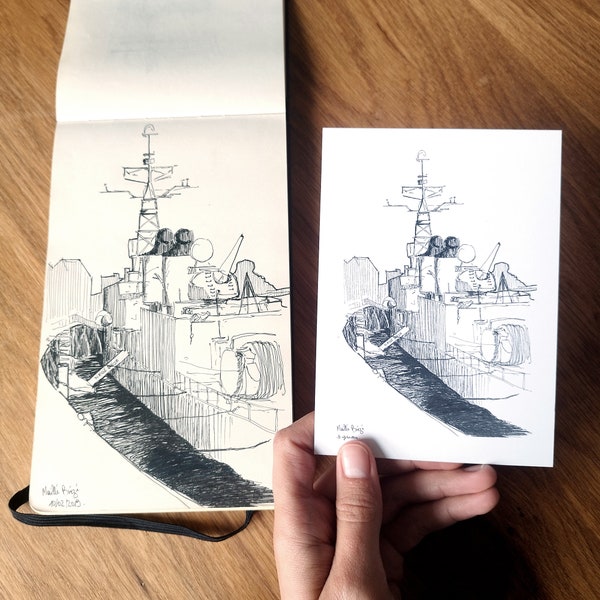 Nantes postcard, Maillé Brézé, black and white illustration, sketch, military boat