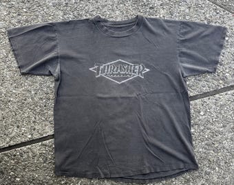 レア！thrasher スラッシャー　当時　オールドスケート　ヴィンテージ 80s THRASHER Print S/S Tee 青 M スラッシャー 半袖 Tシャツ スケート