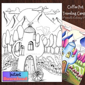 Op de afbeelding: Een zwart-witte lijntekening van een theepotvormig huis met wielen, een slak op het dak en een deur. Het huis staat in een bosrijke omgeving met bergen op de achtergrond. De tekst "Direct downloaden" staat onderaan de afbeelding.