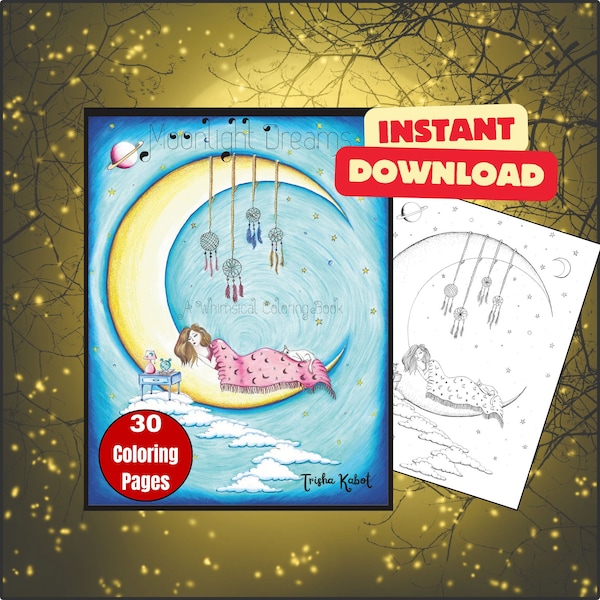 Moonlight Dreams Printable Adult Coloring Book - 30 hand-drawn illustrations (moons, stars & celestial fantasy images) PDF Digital Download.