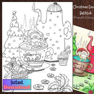 Christmas Gnome Bathtub Printable Coloring Page - Digital Download PDF and PNG Files