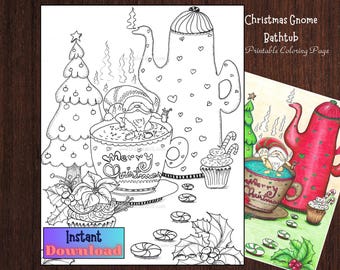 Afdrukbare kleurplaat kerstkabouter badkuip - digitale download pdf- en png-bestanden
