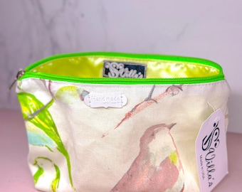 Neceser verde / Neceser hecho a mano, neceser, maquillaje, bolso de mano, bolso de verano de algodón con diseño de pájaro verde