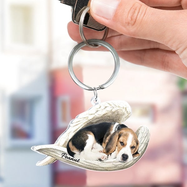 Custom Pet Memorial Key Chain, Dog Loss Sympathy Gift, Pet Photo Pet Name Keychain, Photo Keepsake Pet Sleeping in Angel Wings Keyring