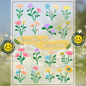 Flowers Clip Art Colorful Set, Instant Download, PNG Clip Art, Digital Downloads, Flowers Bundle, 16 Flowers Clip Art Colorful.