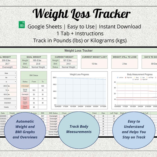 Weight Loss Tracker Google Sheets | Weigh-in Chart | Monitor Progress | Track Body Measurements | Get Fit