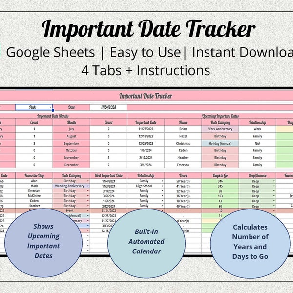 Important Date Tracker Google Sheets | Birthday Tracker | Date Tracking Template | Calendar Manager & Organizer | Reminder System