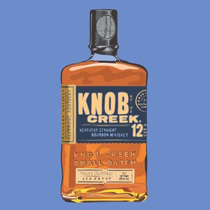 May include: A brown glass bottle of Knob Creek 12-year-old Kentucky Straight Bourbon Whiskey. The label is orange and blue with the text "Knob Creek" and "Small Batch" printed on it. The bottle is 100 proof.