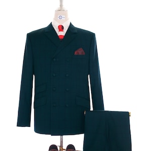 Double Breasted Suit - Dark Sea Green Windowpane Suit