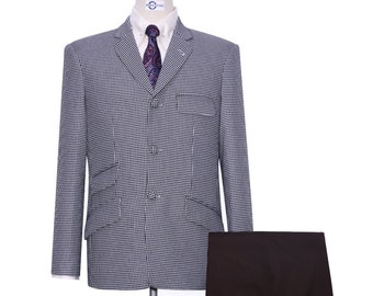 Houndstooth-wollen blazer: getailleerde pasvorm, zwart-wit geruit