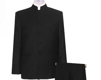 Black Nehru Collar Suit: Wool Blend, Made-to-Order