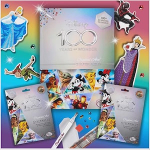 May include: A collection of Disney-themed Crystal Art sticker sets and a sticker album. The album and sticker packs feature images of Disney characters like Mickey Mouse, Cinderella, and Peter Pan. The album is silver with the text "Disney 100 Years of Wonder".