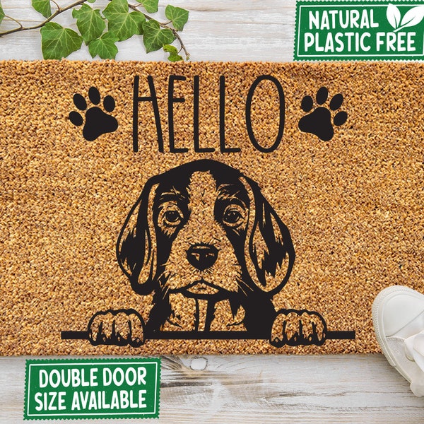 Hello Beagle Dog Doormat Natural Eco Friendly Coir Mat PLASTIC FREE Funny Welcome Cute Dog Peeking Mat Housewarming Gift 340