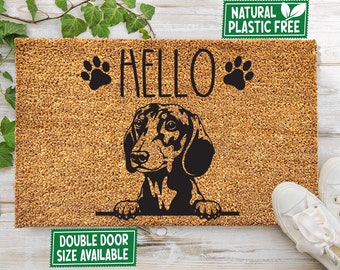 Hello Dachshund Dog Doormat Natural Eco Friendly Coir Mat PLASTIC FREE Funny Welcome Cute Dog Peeking Mat Housewarming Gift 337