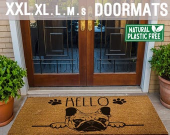 Hello French Bulldog Dog Doormat Natural Eco Friendly Coir Mat PLASTIC FREE Funny Welcome Cute Dog Peeking Mat  345