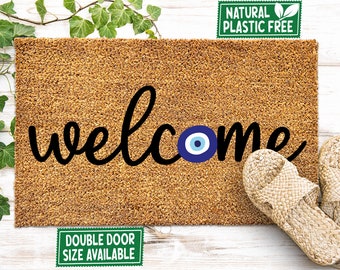 Blue Evil Eye Amulet Doormat, All Natural Eco Friendly Coir Rubber Mat PLASTIC FREE Boho Decor Funny Welcome Door Mat Housewarming Gift 106